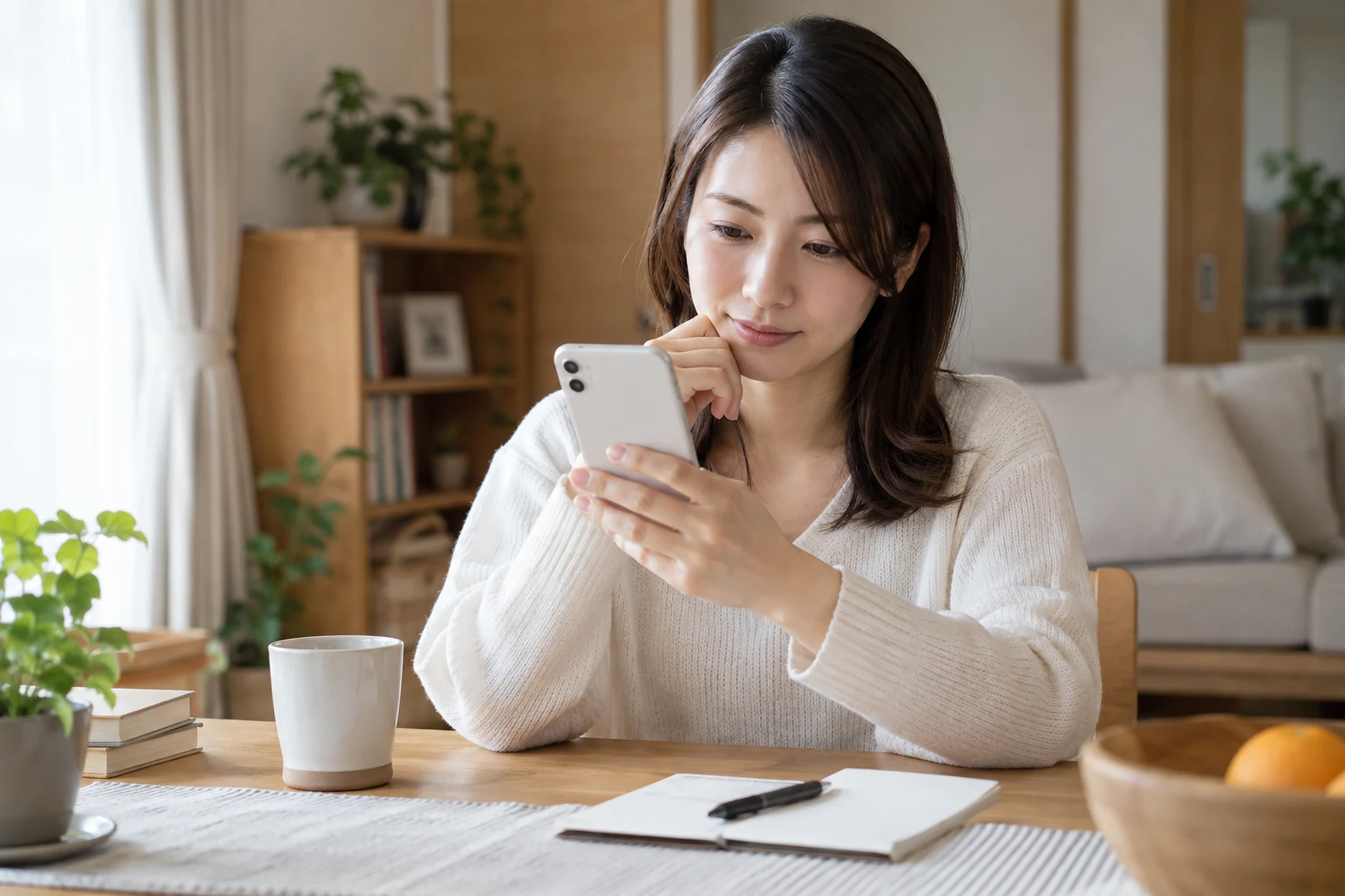 日本人女性が自宅でスマートフォンとパソコンの副業条件を比べる様子
