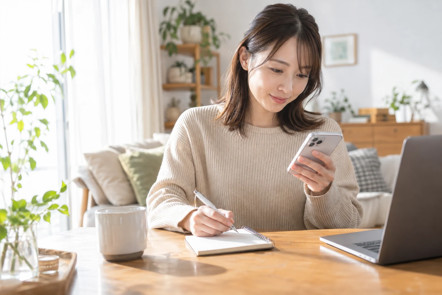 日本人男性がパソコンで在宅副業の作業内容と納期を整理する様子