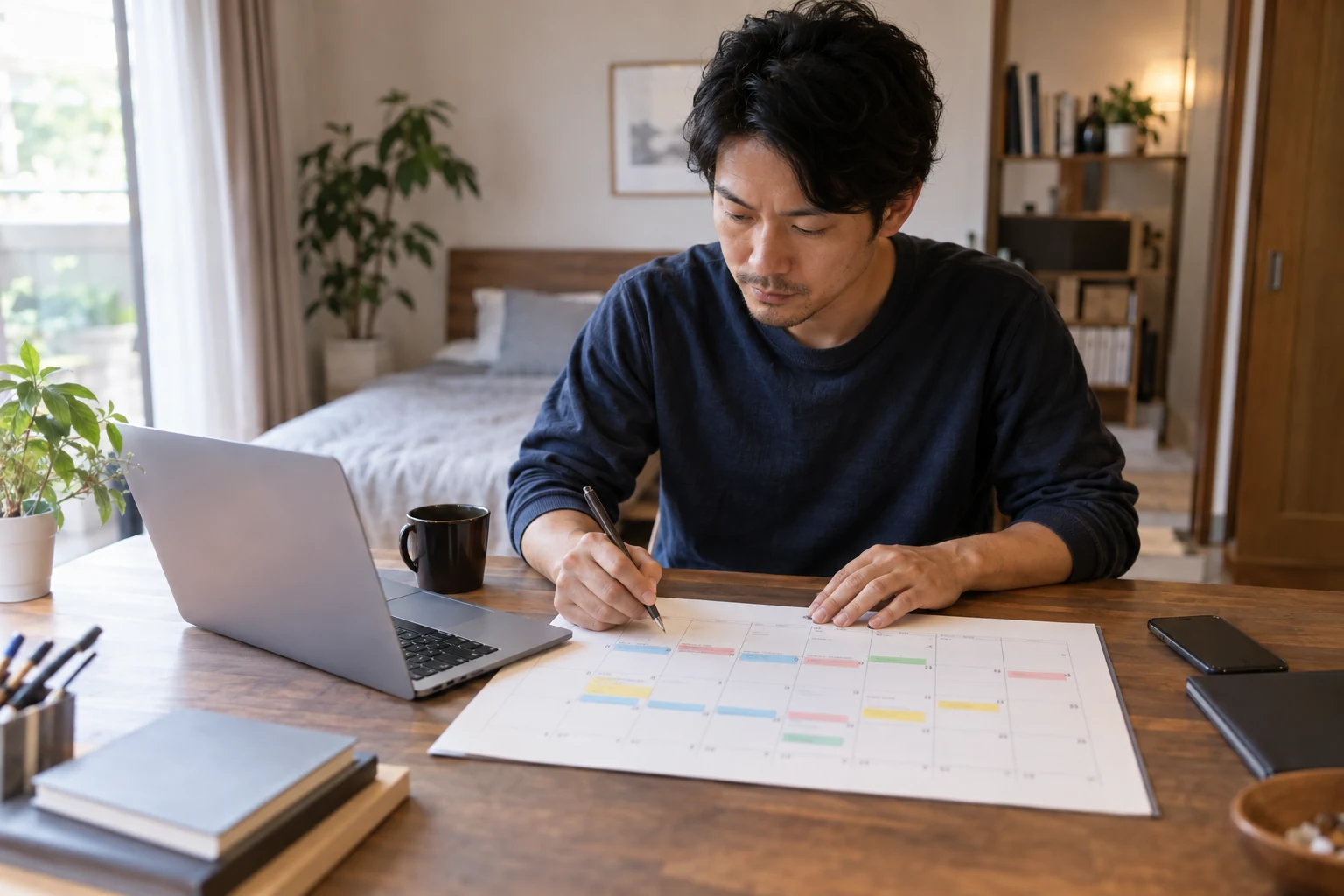 日本人女性が本業と副業の作業時間をカレンダーで調整する様子