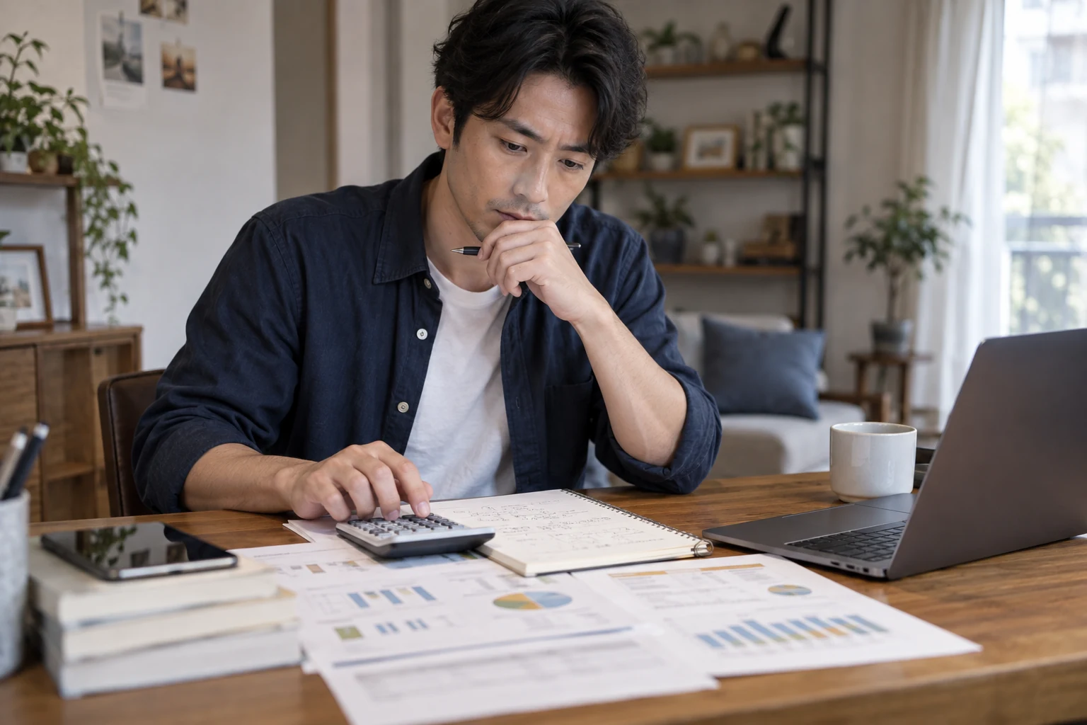 日本人女性が副業の初期費用と報酬を電卓で比べる様子