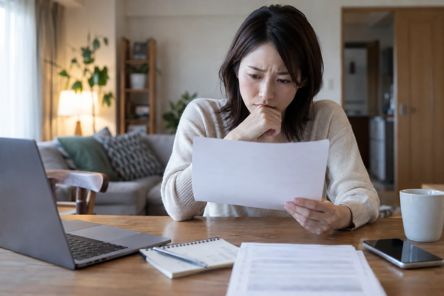 日本人男性が副業案件の契約条件と安全確認のチェックリストを見る様子