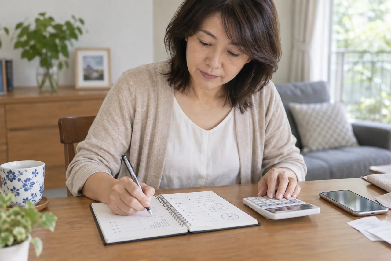 日本人女性がスマホとノートで副業の売上手数料経費と作業時間を記録している