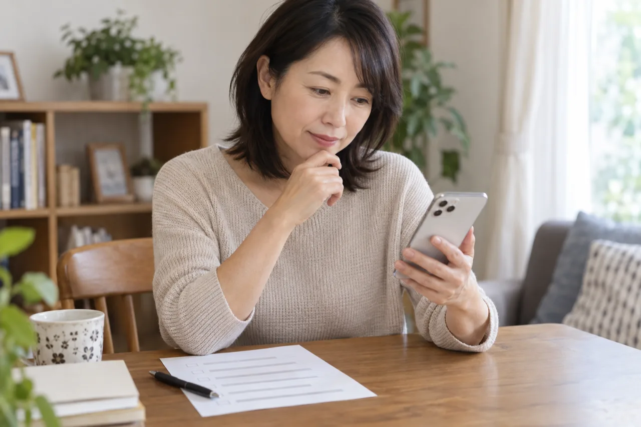 日本人女性がスマホ副業の報酬条件と先払いの有無をチェックリストで確認している