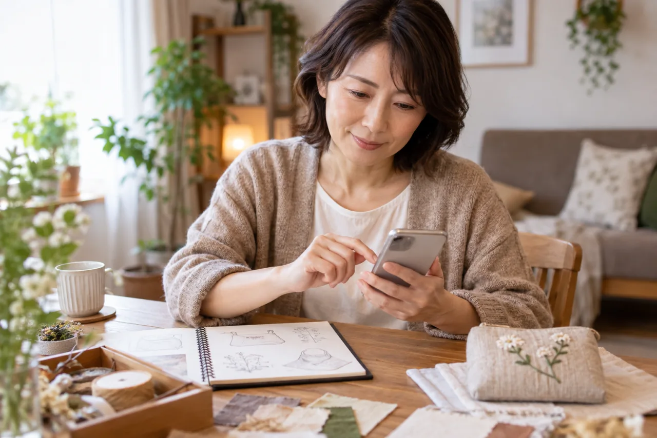 日本人女性がスマホでオリジナルの文章や作品の試作品を確認している場面
