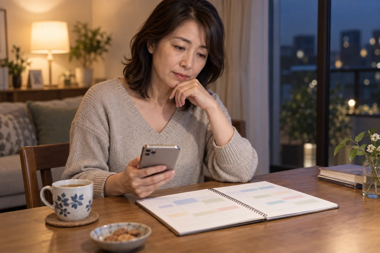 日本人女性がスマホ副業を続けるか条件を変えるか体調と生活の予定を見て振り返っている