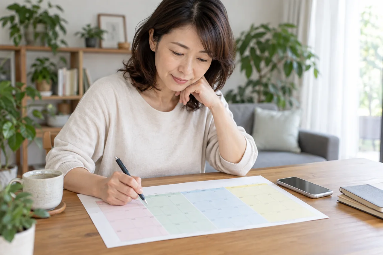 日本人女性がスマホ副業の30日実験を週ごとの予定表に分けて確認している