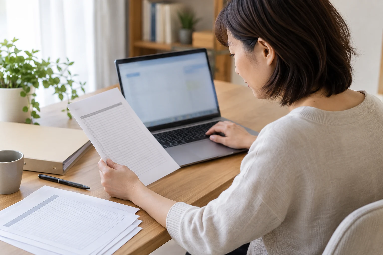 在宅で表計算や資料整理の作業をする女性のイメージ