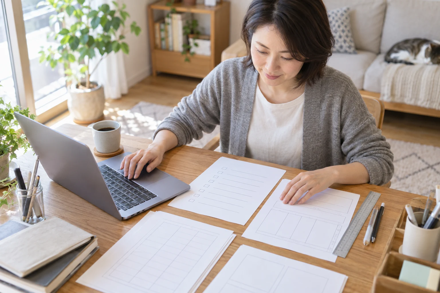 自宅でテンプレートの試作品を作る女性のイメージ