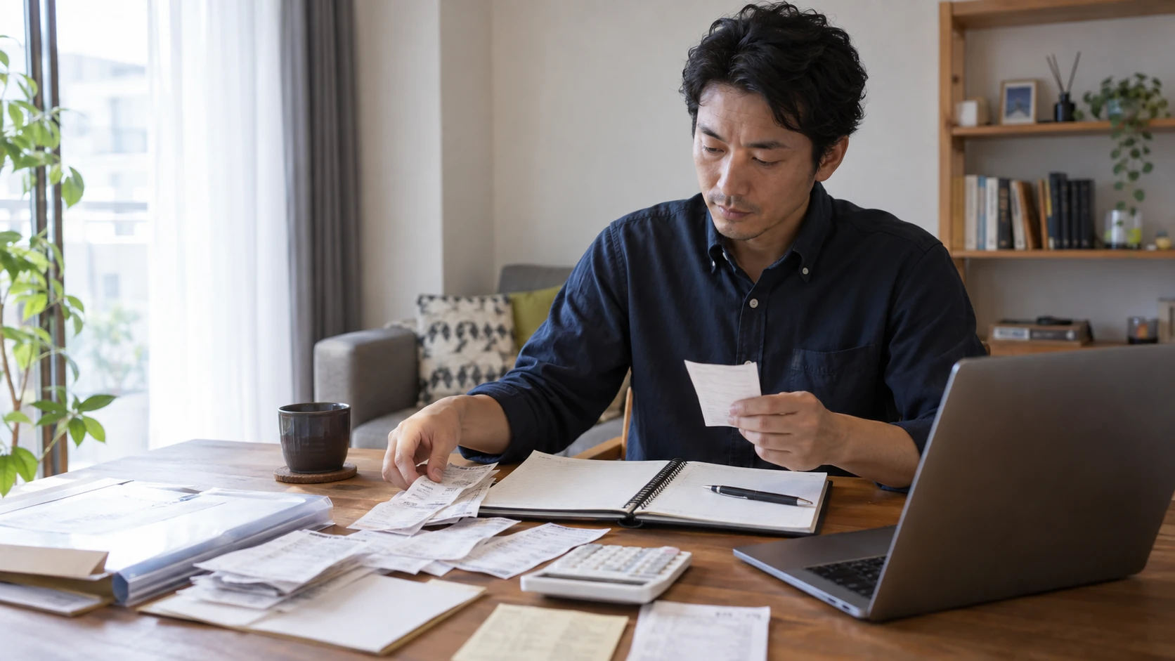 副業の帳簿と領収書を整理する様子