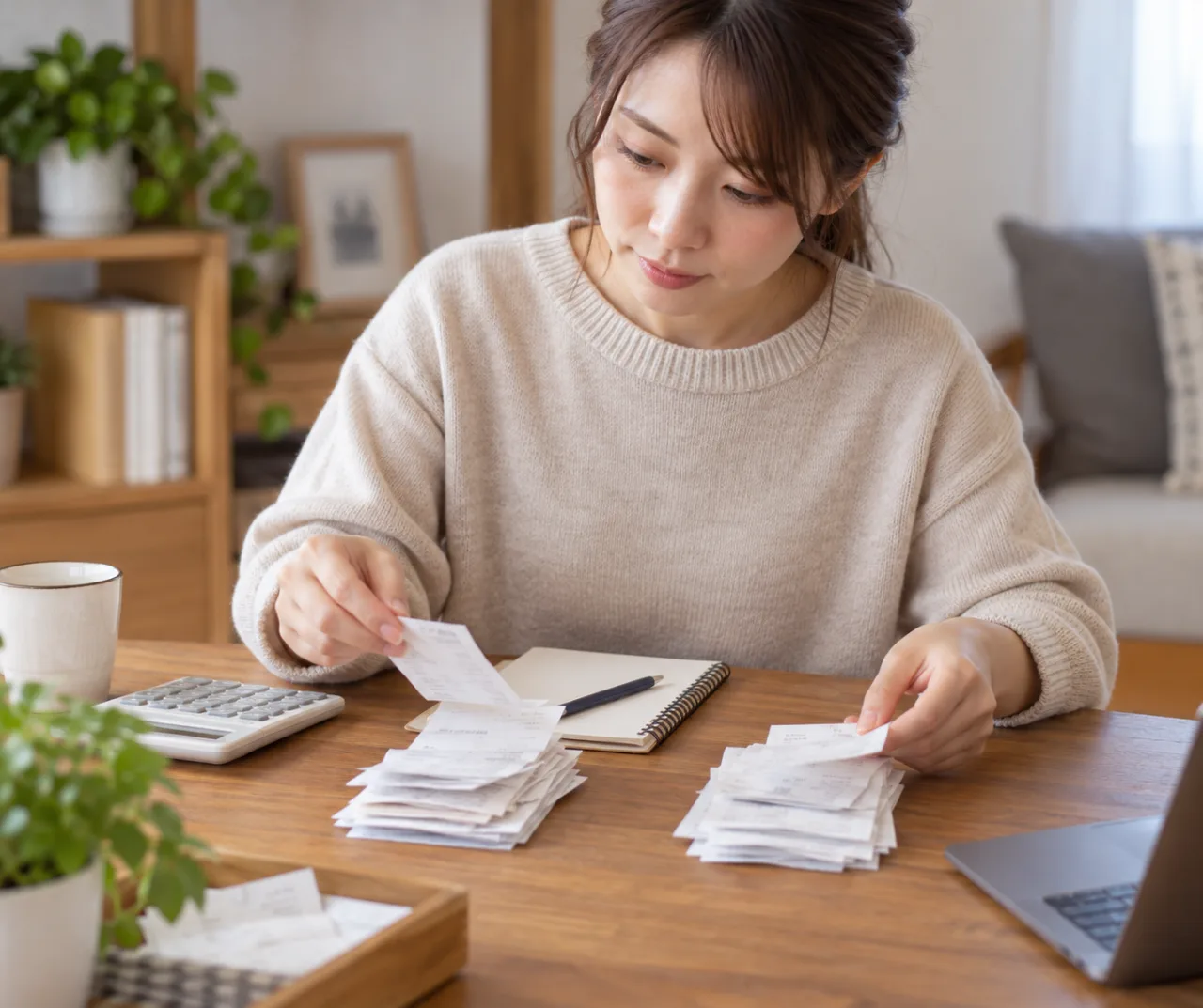 日本人の会社員女性が副業の売上と経費をノートに分けて記録する