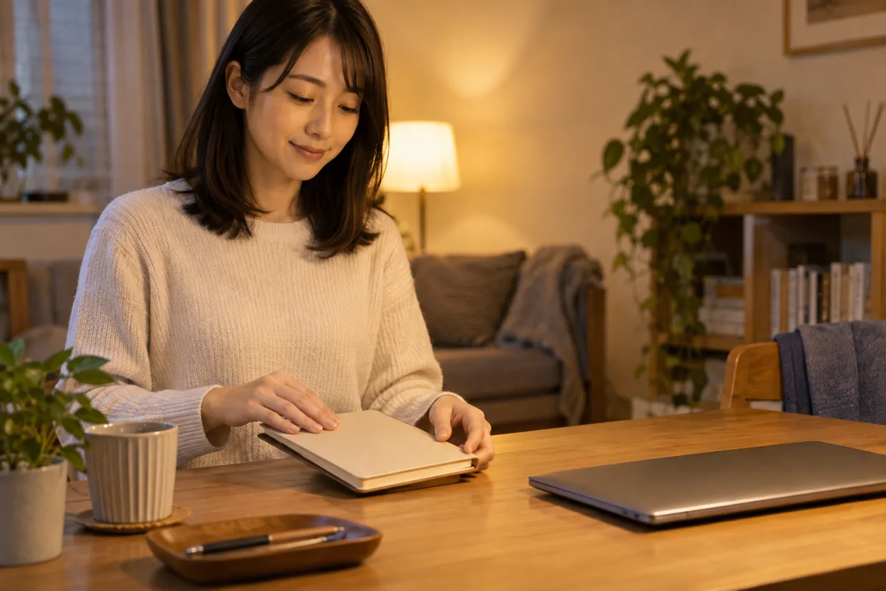 日本人の会社員女性が税務相談に持っていく副業の収支資料を確認する