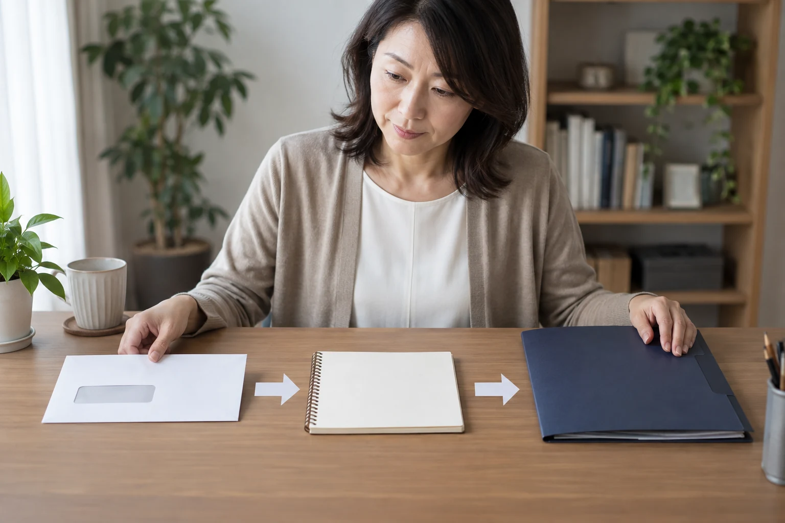 日本人女性が自治体からの住民税通知と勤務先の給与管理を確認する