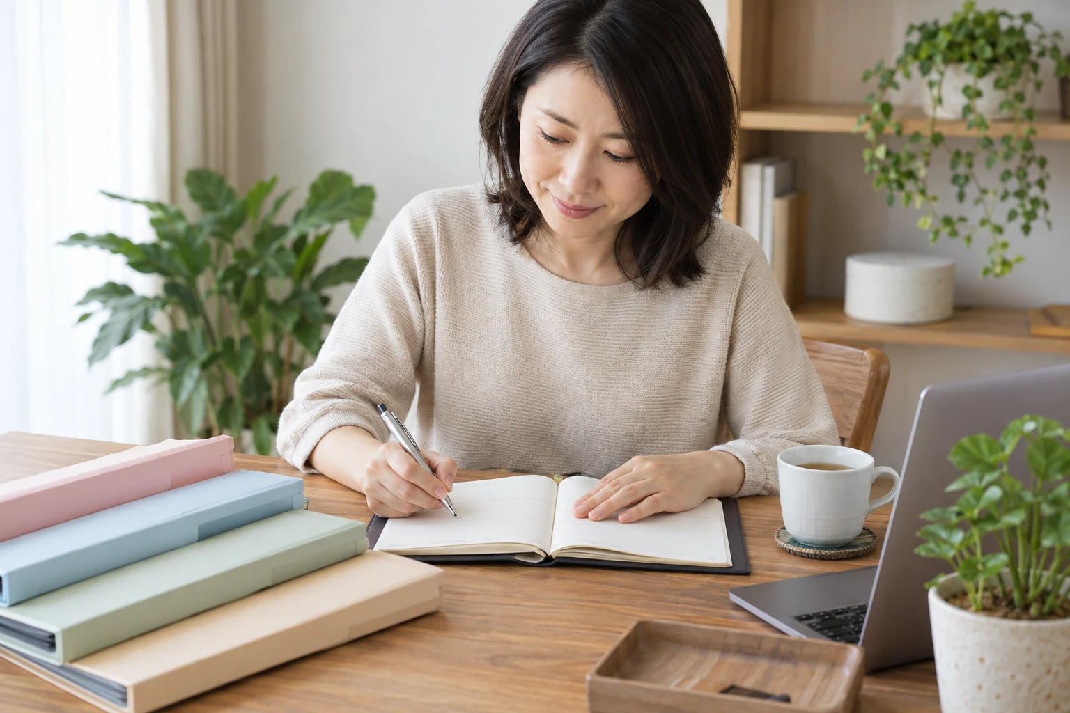 日本人女性が一週間の副業税務確認予定を手帳に書く
