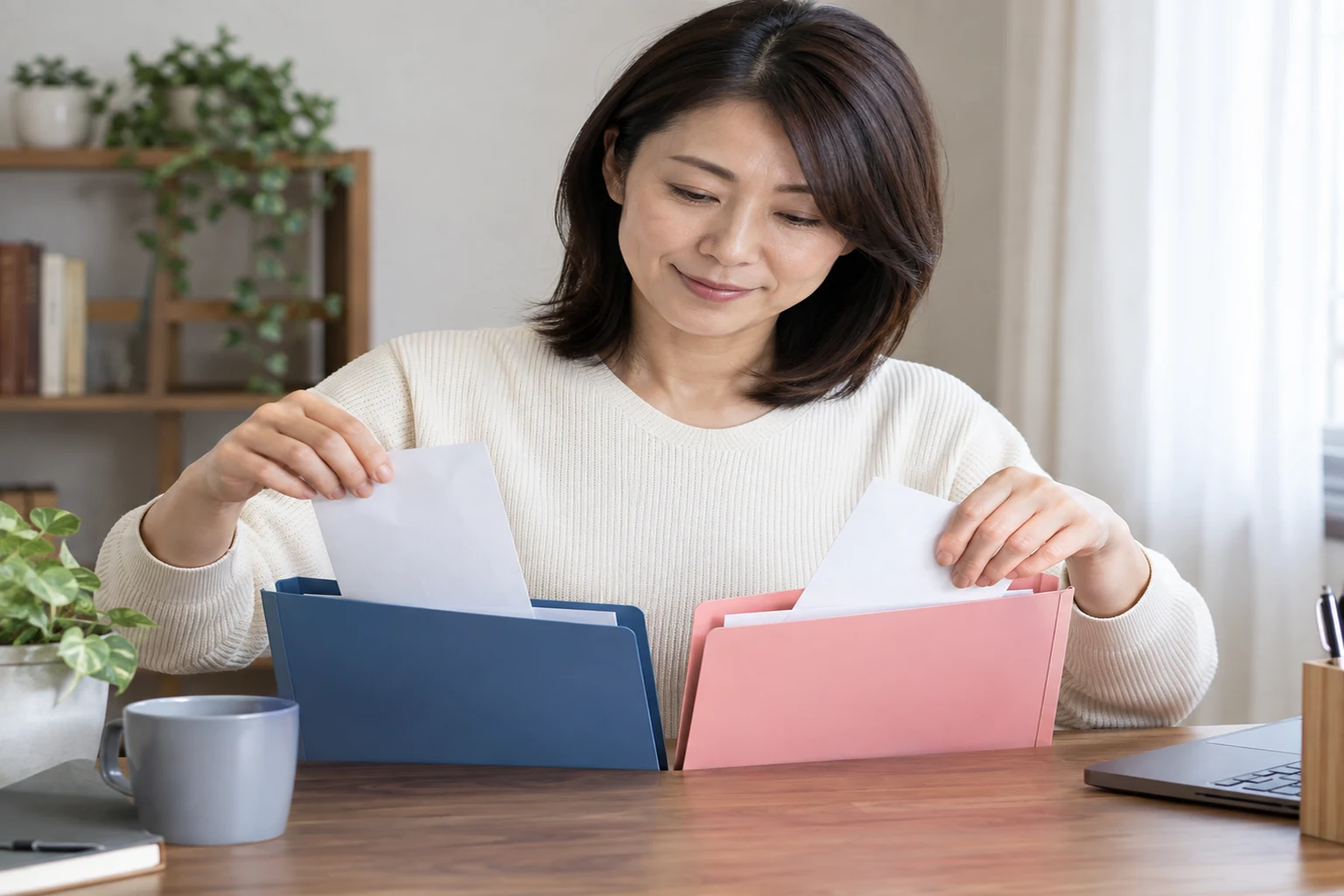 日本人女性が本業と副業の給与明細を別々の封筒に整理する