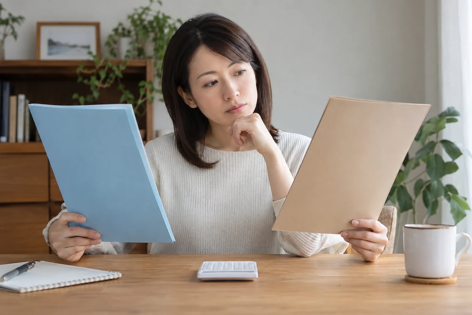 日本人女性が副業の契約書と納品記録と入金記録をフォルダーに整理している様子