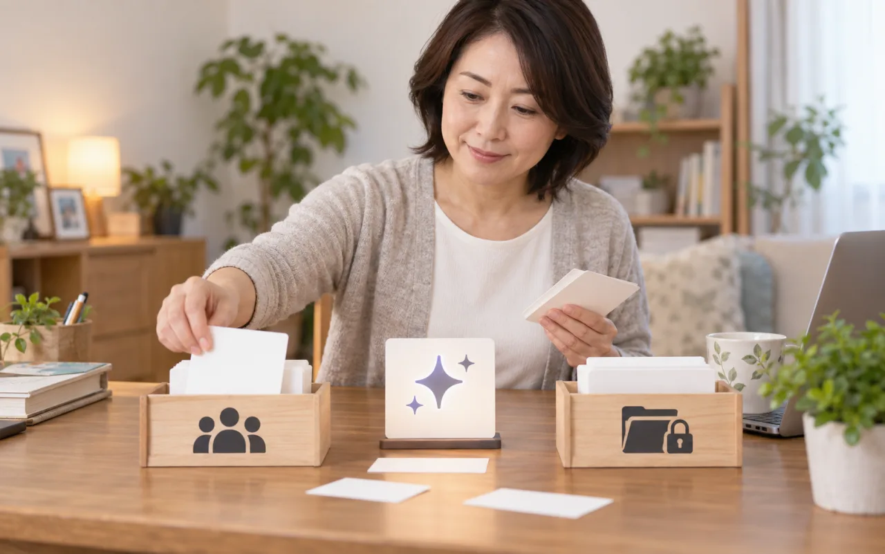日本人女性が公開情報と機密情報を分けてAI入力の境界を確認している