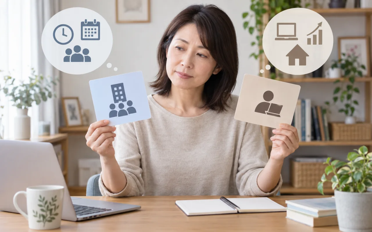 日本人女性が在宅勤務と在宅副業の契約の違いを白紙のカードで比べている