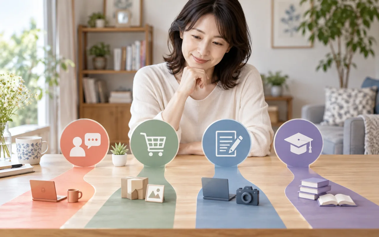 在宅副業を経験のサービス化、制作物販売、メディア、スキル習得の4方向で整理した抽象図