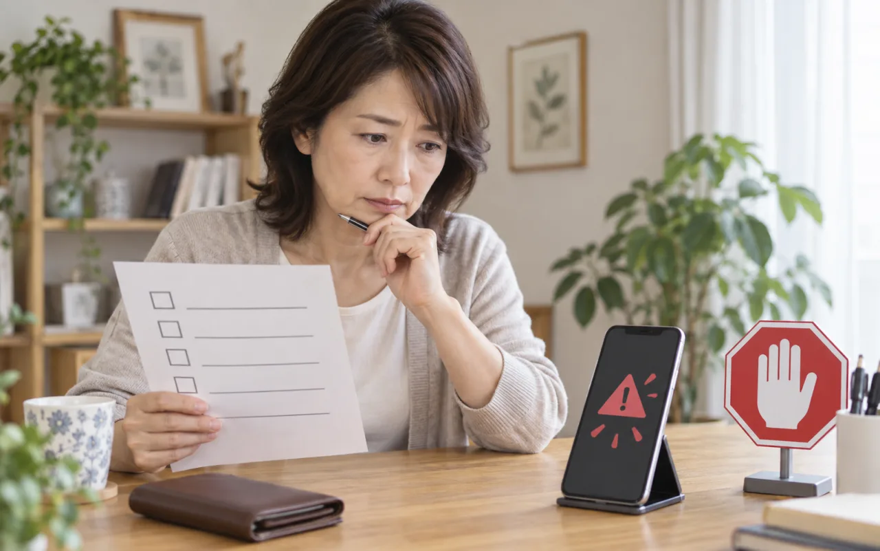 日本人女性が副業勧誘の仕事内容、費用、契約相手を確認するチェックシートを見ている