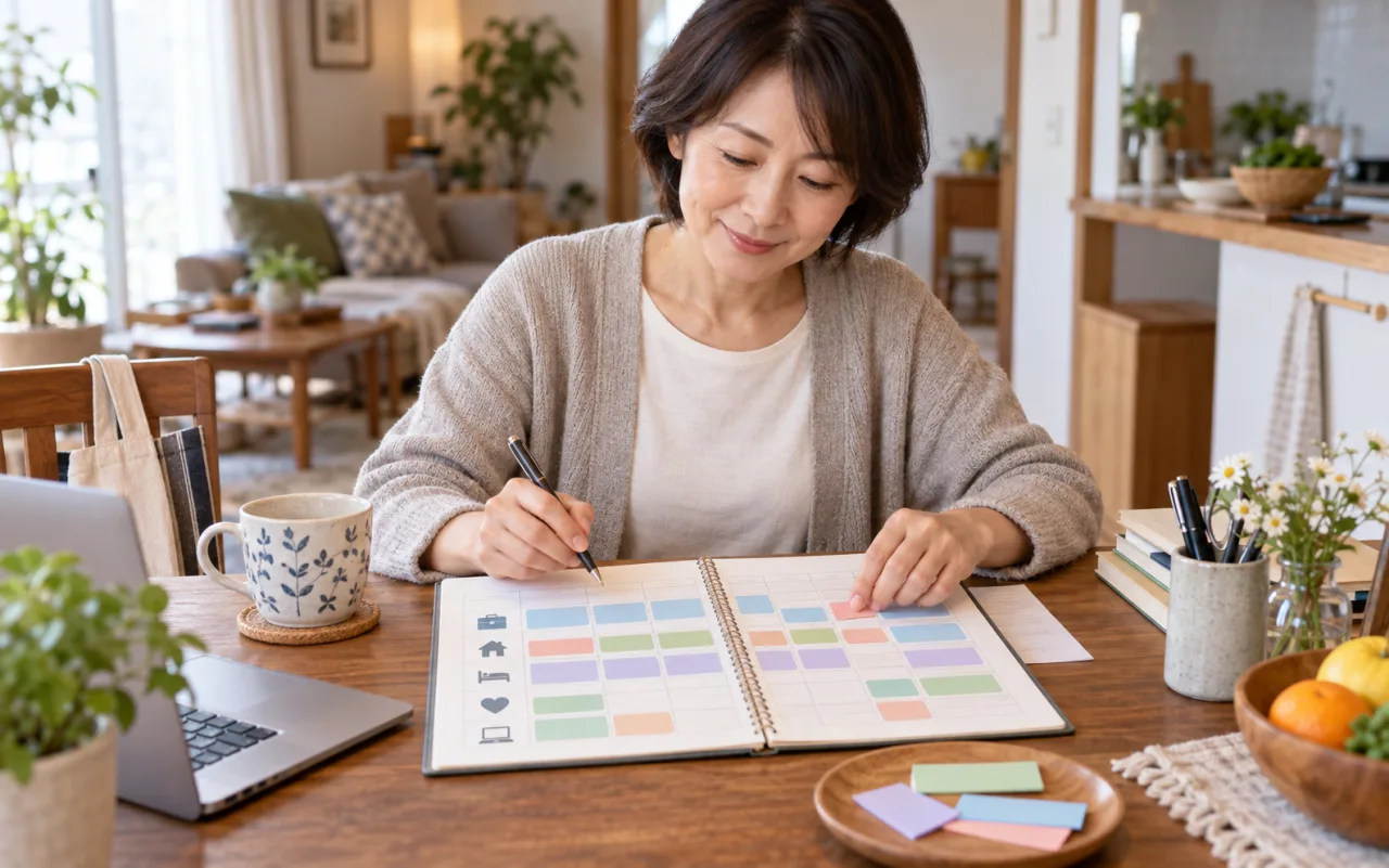 日本人女性が本業、家事、睡眠、副業の時間を予定表で無理なく分けている