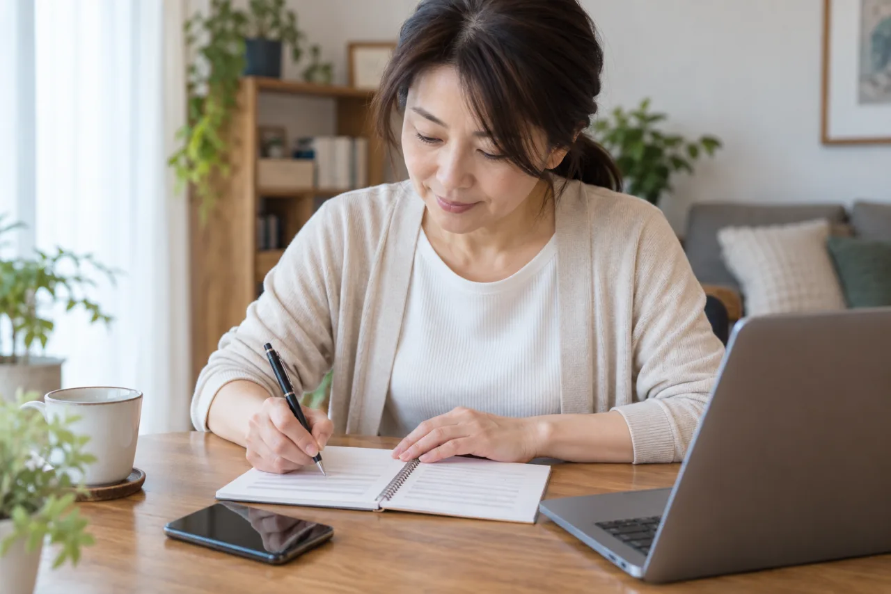 日本人女性がクラウドソーシングの応募文を作り対応範囲と質問事項を整理している