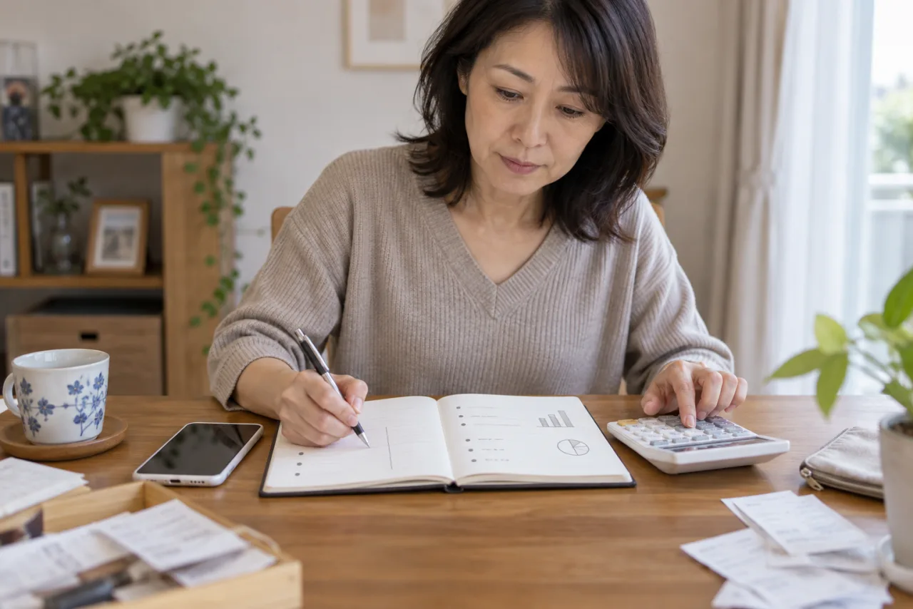 日本人女性がクラウドソーシング副業の売上手数料経費と作業時間を記録している