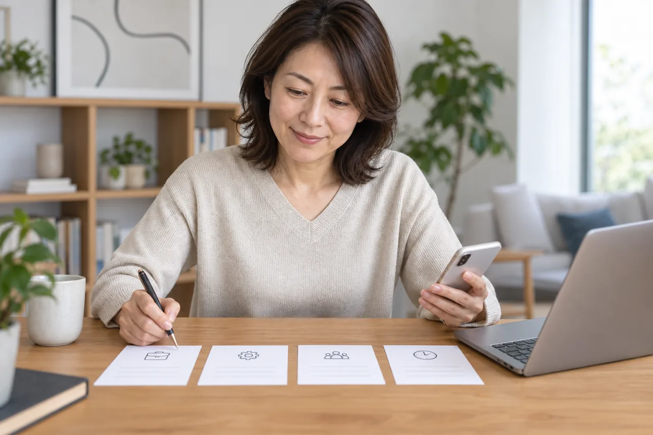 日本人女性がクラウドソーシングのプロフィールに経験と対応範囲と納期を書き出している
