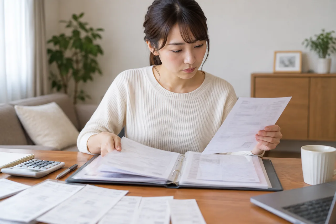 日本人の女性が副業の請求書領収書と入金明細を月別フォルダーに整理する