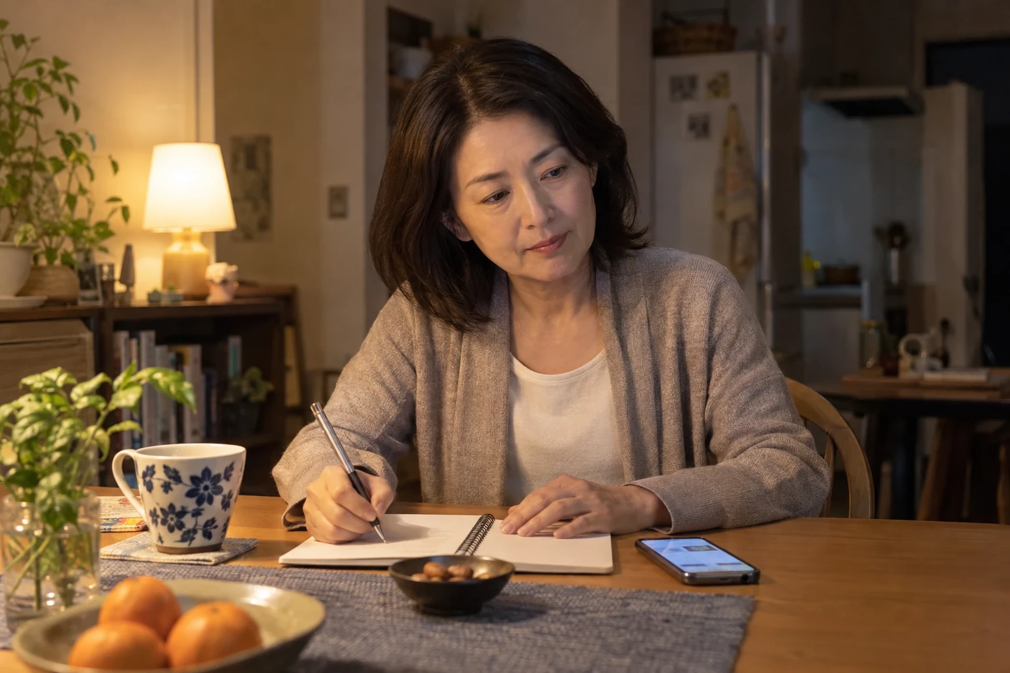 自宅で目元の悩みと医師に聞きたいことをノートに書く一人暮らしの女性(イメージ)