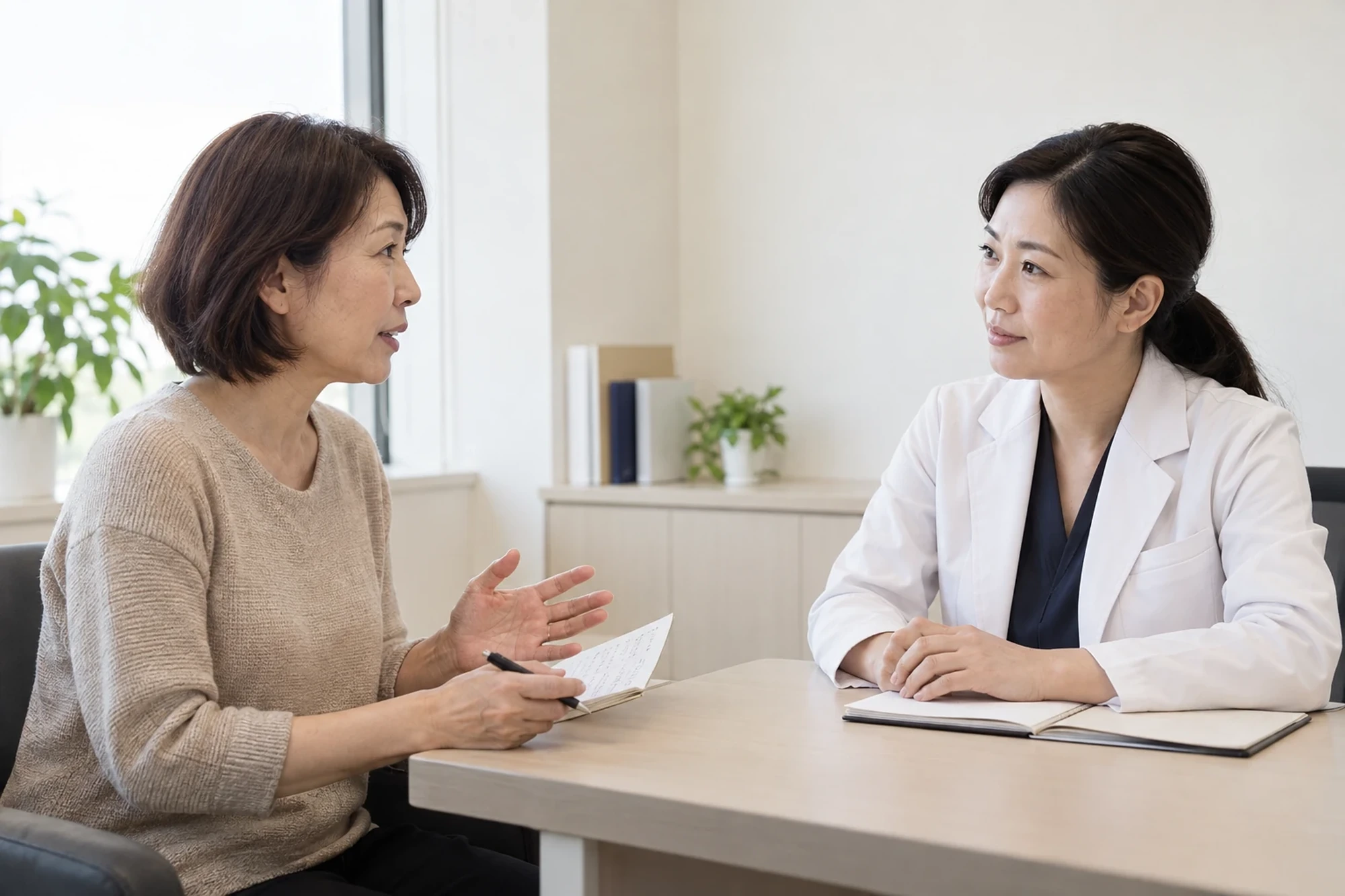 目元の施術を決めずに質問リストを持参し、医師の説明を聞く相談場面(イメージ)