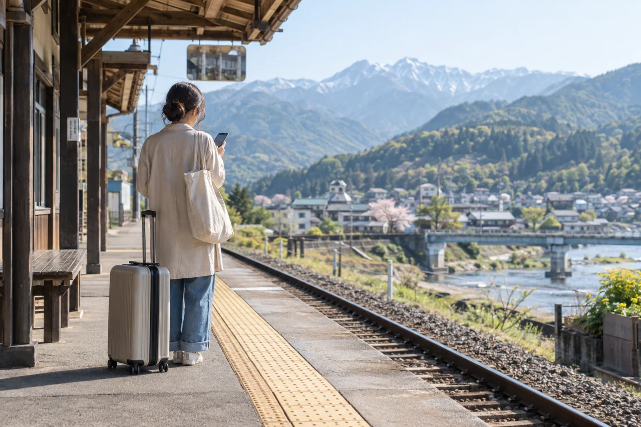 駅に到着して荷物を預け、案内所と交通を確認する一人旅の場面
