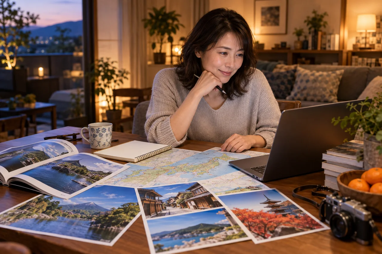 国内女性ひとり旅を目的、移動、休憩、帰路の条件で選ぶ図