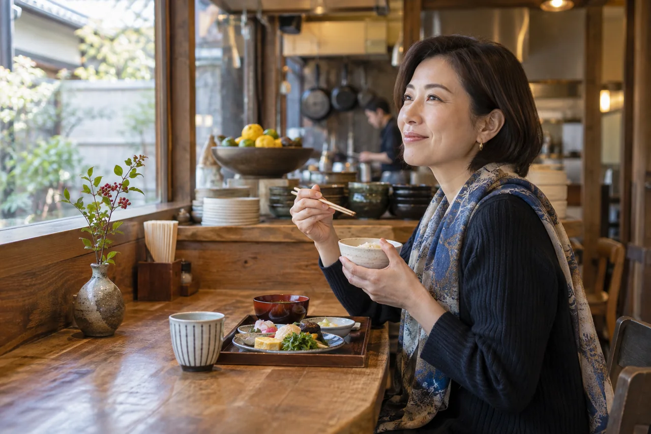 一人旅でカウンター席の食事を楽しみ、会計と帰路を確認する場面