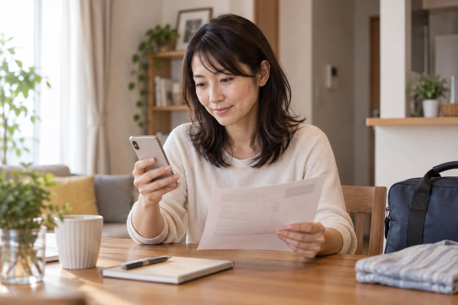 カプセルホテルの予約内容をスマートフォンと用紙で確認する女性のイメージ