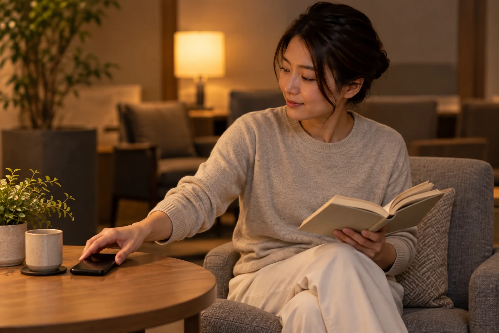 スマートフォンを置き、静かに読書をして過ごす女性のイメージ