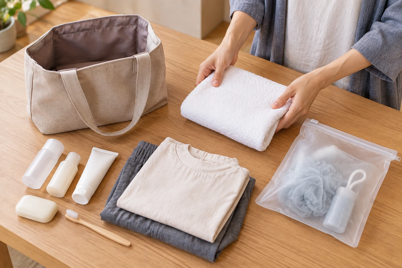 タオル、着替え、洗面用品を入浴用バッグにまとめた準備のイメージ