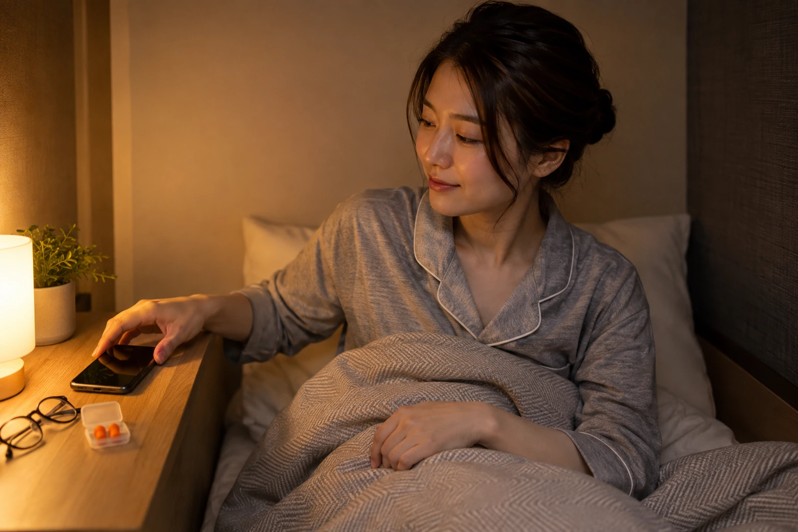 スマートフォンを消音にし、眼鏡と耳栓をそばに置いて休む準備をする女性の利用イメージ
