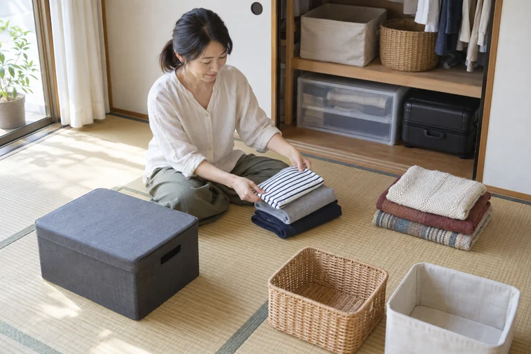 押し入れの前で衣類を頻度別に分ける様子