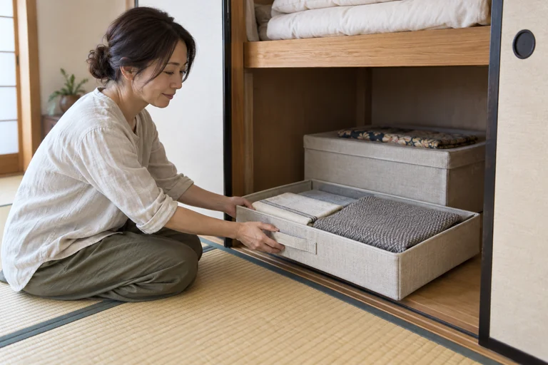 手前のトレーを引いて奥の収納物を取り出す様子