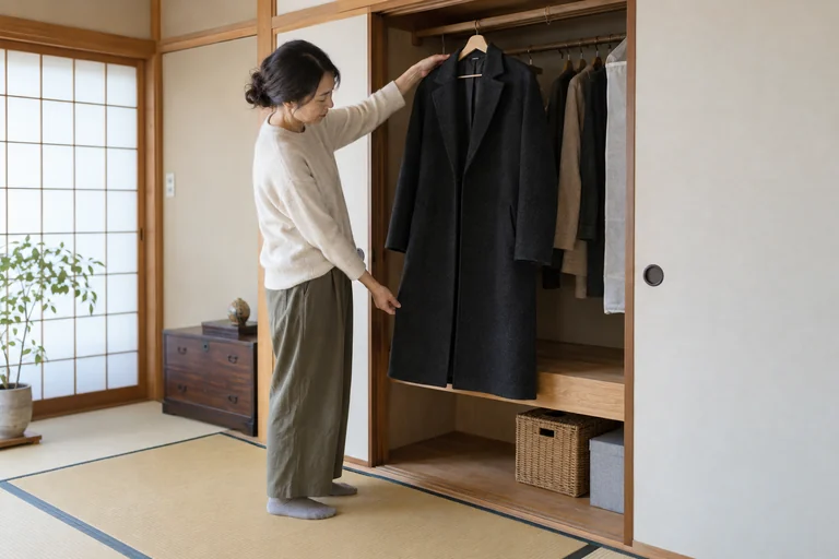 ハンガーに掛けたコートの丈と棚との間隔を確認する様子