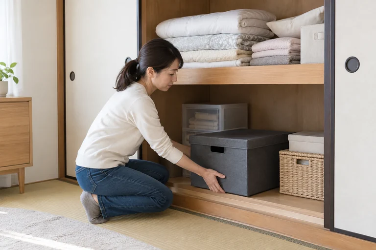 押し入れ下段に重さのある収納箱を置くイメージ