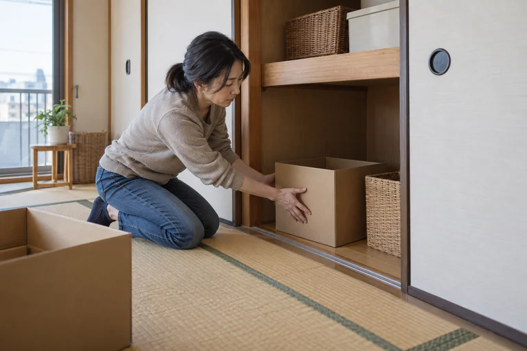 空の段ボール箱で押し入れの収納寸法を仮に試す様子
