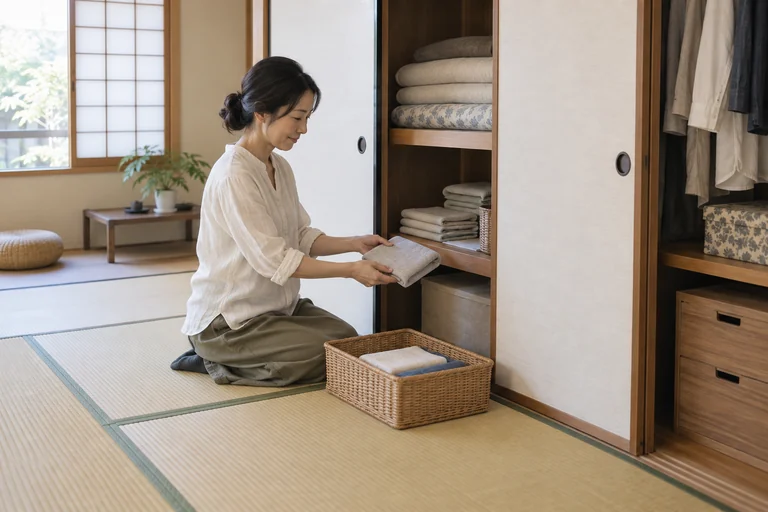 押し入れの一部分だけを整理し布類を戻す様子