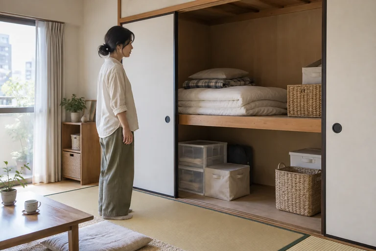 和室の押し入れを開け、手前と奥の収納を見渡す様子