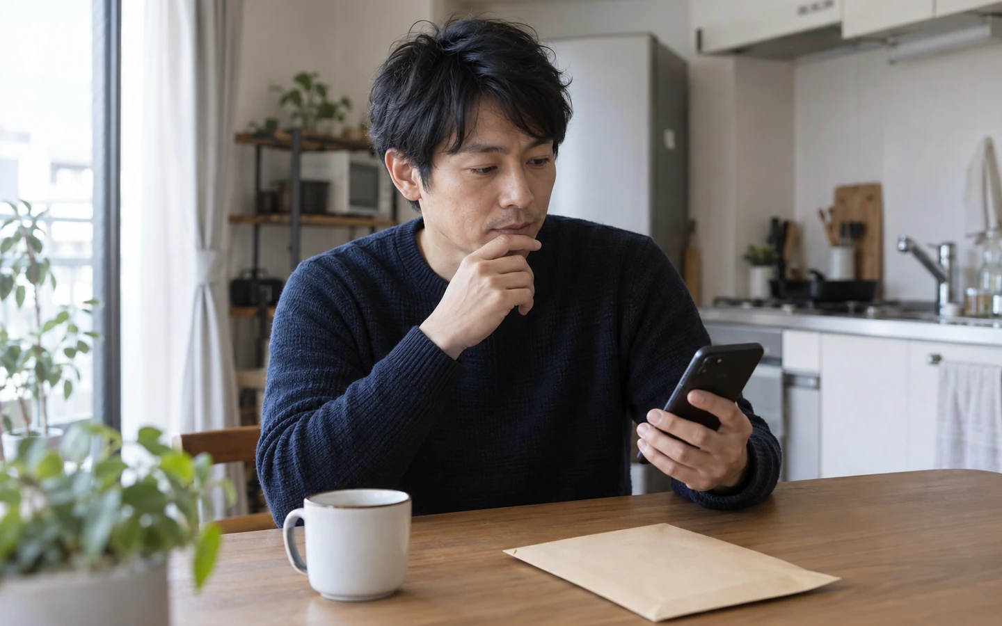 自宅の机で自治体への寄附記録と税の書類を見比べる日本人の一人暮らしの人