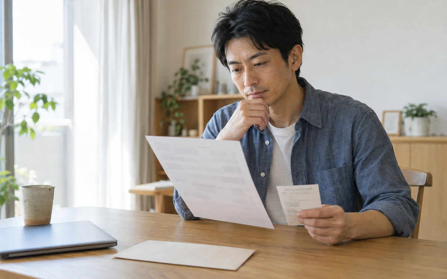 翌年度に届いた住民税通知書と寄附記録を机で照合する日本人の一人暮らしの人