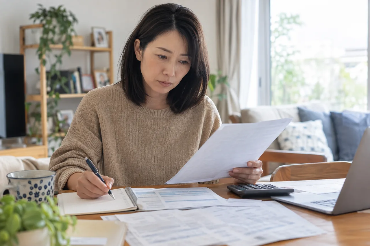 失業保険の書類と家計を確認する日本人女性