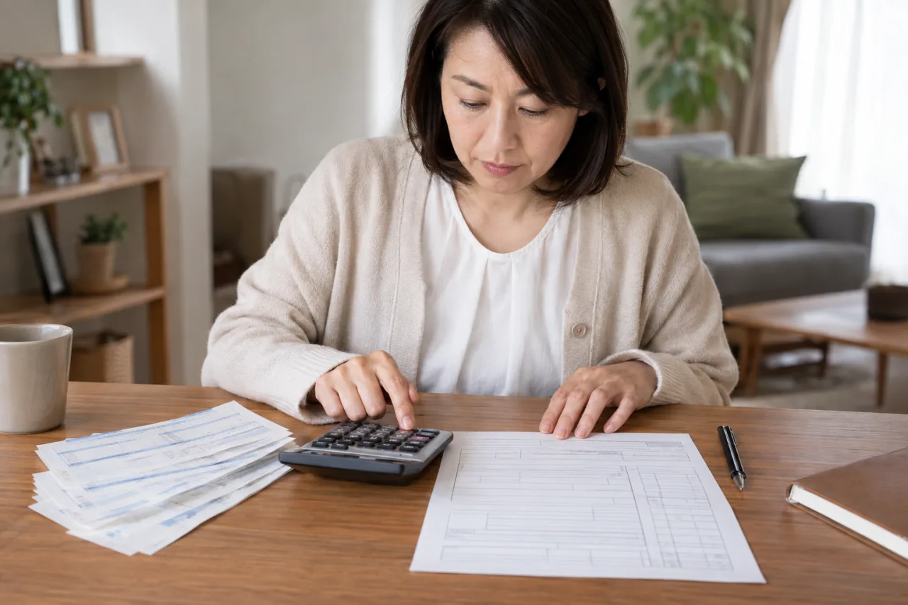 給与明細と電卓で失業保険の賃金日額を確認する日本人女性
