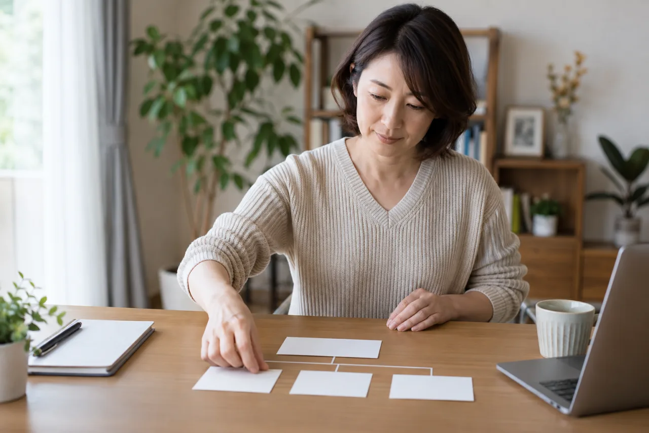 失業保険の計算の流れをカードで整理する日本人女性
