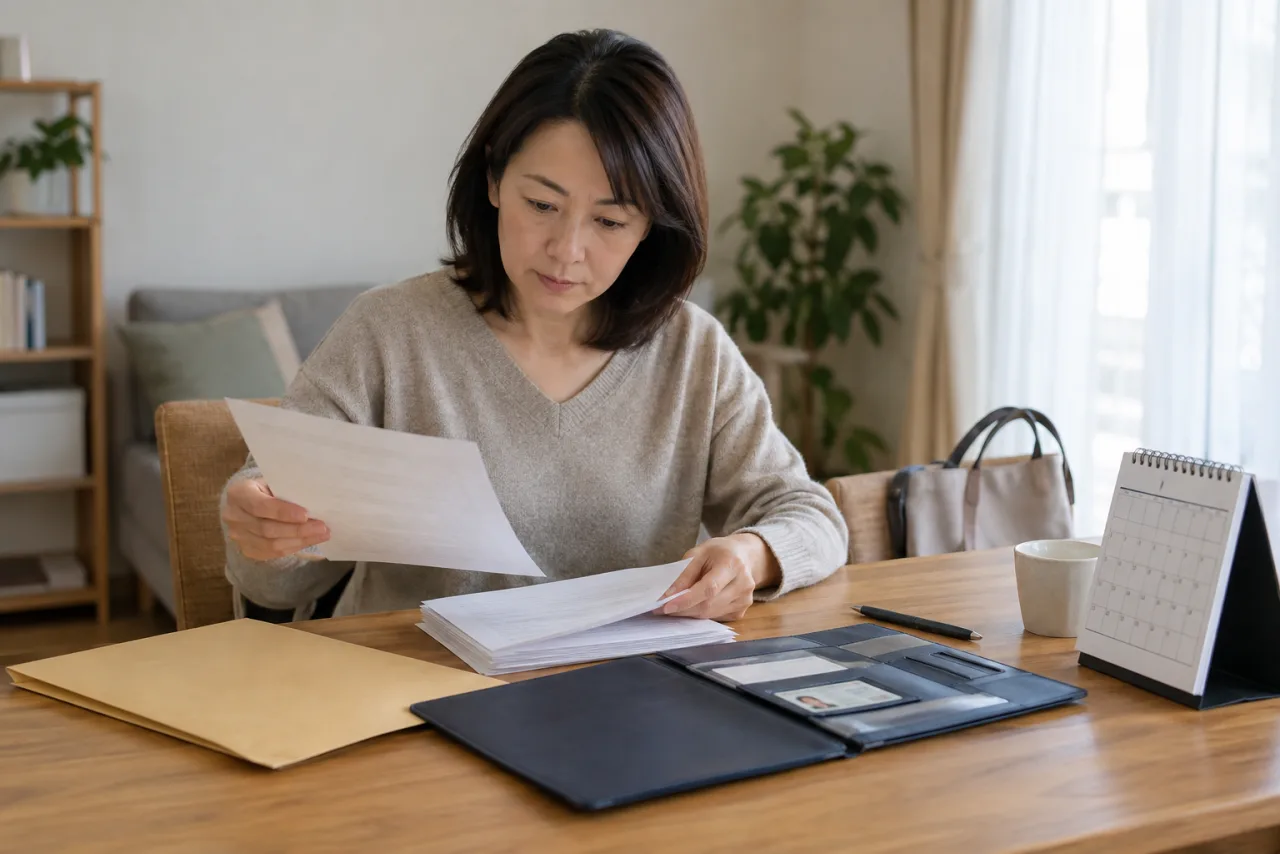 ハローワーク相談に向けて書類を準備する日本人女性